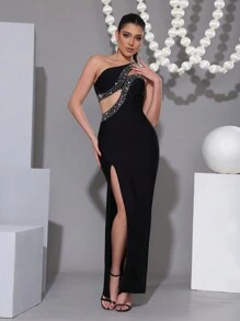 Modphy Sexy Asymmetrical Neck Hollow Out Sparkly Rhinestone Detail Cutout Waist Slit Bandage Dress, Elegant Formal Party Evening Gown, Wedding Guest Dress - Black - View 2