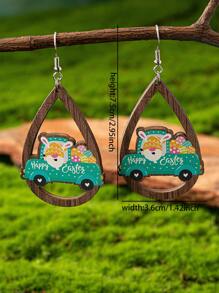 1 对可爱复活节水滴镂空兔子、篮子、小鸡、鸡蛋、小矮人、卡车印花木制吊坠耳环，适合女士 - 彩色 - 查看 2
