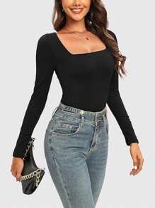 KAHULE WomensSquare Neck Tops Fashion Slim Fit  Long Sleeve Shirts - màu đen - Xem 3