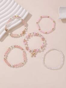 5 Pieces Girls Crystal Beaded Bracelet Set With Bow And Heart Designs - Multicolor - View 3