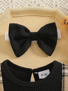 女婴时尚优雅领泡泡袖拼接二合一罗纹吊带格纹蝴蝶结连体裤带头带，夏季