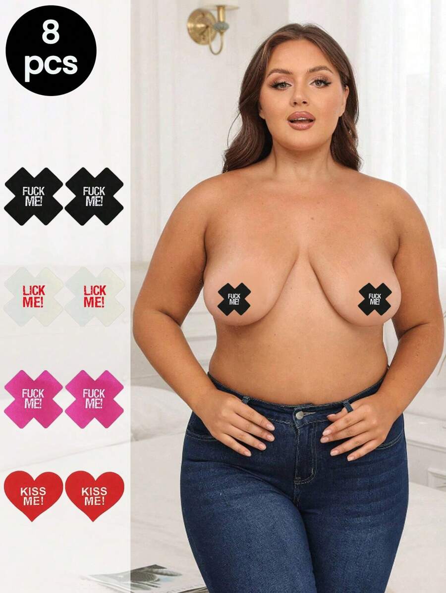 4pairs Sexy Disposable X-Shaped Plus Size Nipple Stickers Cloth Letter Printed Breast Stickers - Multicolor - View 1
