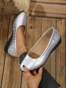 Mocasines con plataforma para mujer, de color liso con estampado de piedras, para uso casual y deslizamiento, para trabajo y primavera/otoño - Plateado - Ver 1