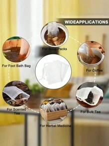 100 个多用途一次性无纺布抽绳茶包，白色过滤袋，带抽绳，易于倾倒和清洁，适用于咖啡、茶、草药、香料、珠宝包装和礼品捆绑返校
