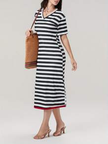 Women's T-Shirt Dress Loose Fitting V Neck Short Sleeve Side Split Striped Long Dress For Summer - Black - View 8