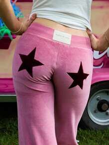 Women Loose Pants Star Patch Drawstring Elastic Waist Trousers Spring Fall Casual Sweatpants Bottoms - 粉色 - 查看 5