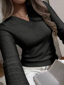Apperloth A Women's Spring Casual Thin And Soft V Neck Long Sleeve Slim Fit Fitted Cropped Cable Knit Sweater Basic Pullover Top - màu đen - Xem 2