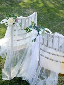 1pc/2pc/5pcs White/Yellow Rose Flower Decor Ribbon, Elegant Rose Floral With Greenery And Ribbon, Suitable For Wedding Aisle Decor, Wedding Reception Table & Chair Decor, Wedding Guest Chair Back Flowers, Birthday Party Decor, Wedding Photography Props