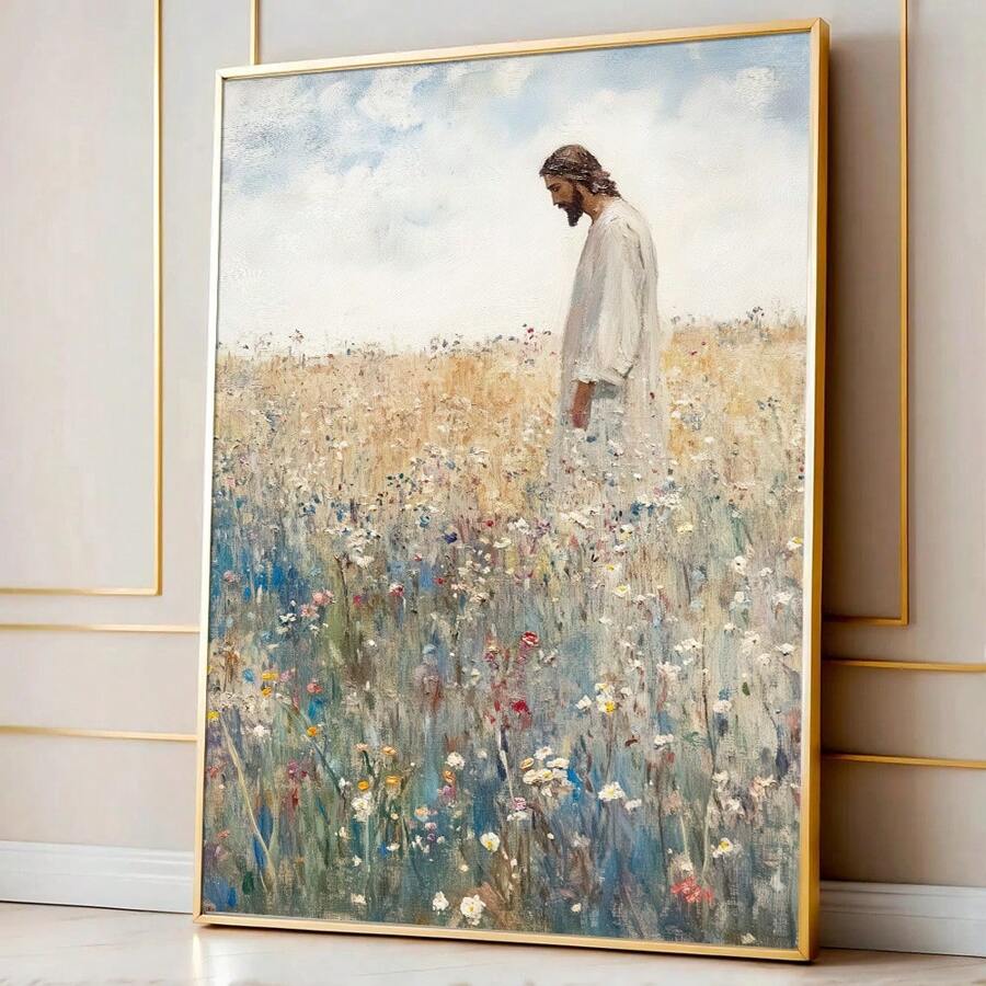 1PC Unframed Jesus Leaves The 99 Retro Art Poster Christian Wildflowers Field Vintage Painting Canvas Print Rustic Farmhouse Wall Decor Picture For Dorm,Apartment,Living Room,Bedroom,Modern Home Decoration - Multicolor - View 1