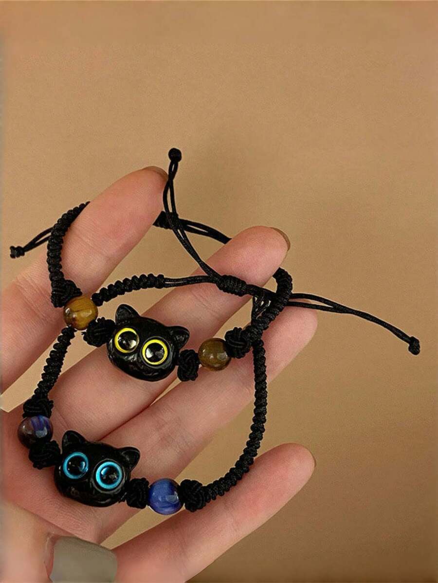 2 件手工编织手链，带小黑猫饰物，时尚配饰，送给情侣和最好的朋友的礼物 - 黑色 - 查看 1