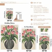 1pc Art Deco Bloemen Olieverfschilderij Op Canvas Gestreepte Vaas Ontwerp Van Tulpen, Houten Omlijste Muurkunst Decoratie Voor Thuis Kantoor Woonkamer Slaapkamer Herfst En Winter Thema, Interieur Portret Kunstdruk -Botanisch-Modern,Poster