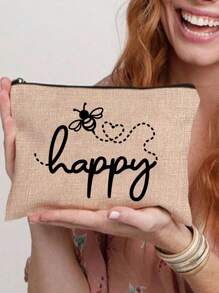 Make-uptas met opdruk van de letters "Happy" en een klein bijenpatroon - lichtgewicht en geurloze reistas van polyester, geschikt voor natuurliefhebbers en vrouwen, leuke multifunctionele canvas tas in cartoonstijl, perfect cadeau voor tieners, verjaardags- en reisaccessoires, vakantiecadeaus, boho-sfeer, voor strandvakanties, badkamercollectie, slaapkamercollectie, grote capaciteit