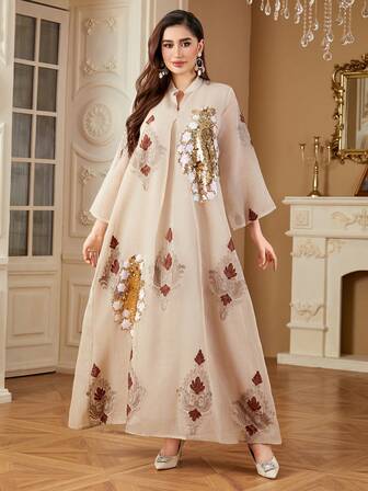 SISKAKIA 花卉刺繡缺口領鐘形袖網紗覆蓋連衣裙