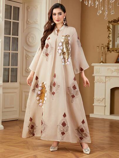 SISKAKIA 花卉刺繡缺口領鐘形袖網紗覆蓋連衣裙