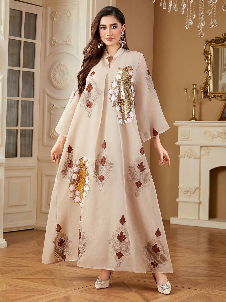 SISKAKIA 花卉刺繡缺口領鐘形袖網紗覆蓋連衣裙
