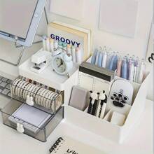 Cartoon Rabbit Drawer Style Makeup Storage Box, Plastic Jewelry And Lipstick Organizer, Polished Surface, Student Desktop Stationery Storage Box, Cosmetic Organizer, Minimalist Design