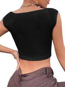 Women  Ribbing Square Neck  Low  Cut Wide Strap Solid Colour Tank Top Sleeveless Lettuce Trim Slim Cropped Cami Vest Tops - 黑色 - 查看 5