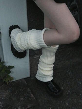 1 Pair Women Solid Color Vertical Striped Warm Decorative Cute Leg Warmers, Suitable For Spring, Autumn And Winter Christmas Gift