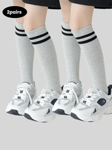 2 Pairs Kids Socks With Stripe Pattern, Seamless Long Tube Design, Suitable For 3-12 Years Old Boys & Girls, Great For Daily Wear And School Use
