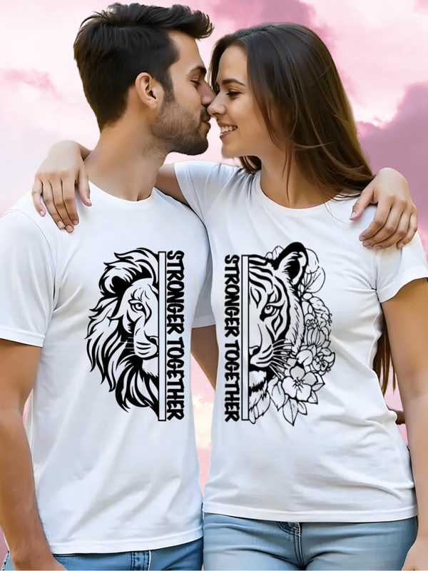 Payeah 1Pcs Valentine's Day  Funny Lion And Lioness Digital Print Women's 100% Cotton Short Sleeved Couple T-Shirt 220g