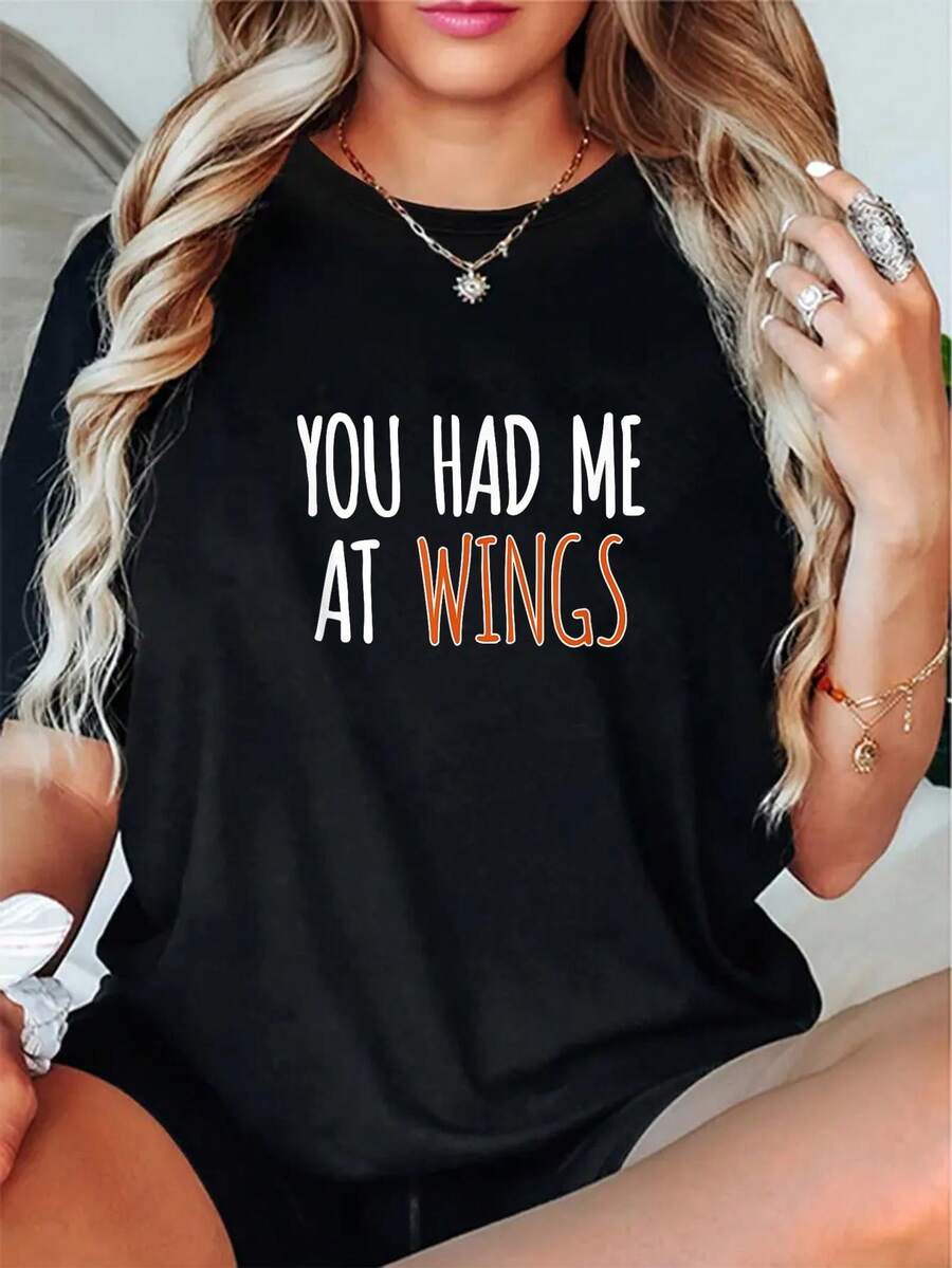 100% Cotton Casual Tshirt You Had Me At Wings Funny Chicken Wings T-Shirt - Black - View 1