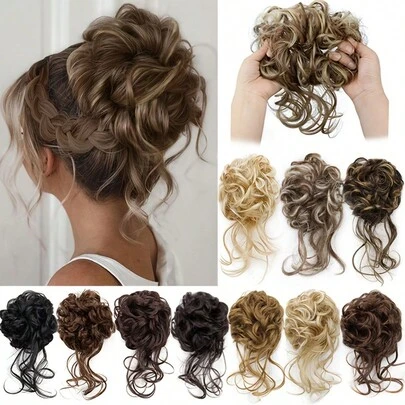 Phụ kiện tóc búi xoăn rối bằng sợi tổng hợp, tóc đuôi ngựa giả co giãn, thích hợp cho phụ nữ và bé gái sử dụng hàng ngày và dự tiệc.