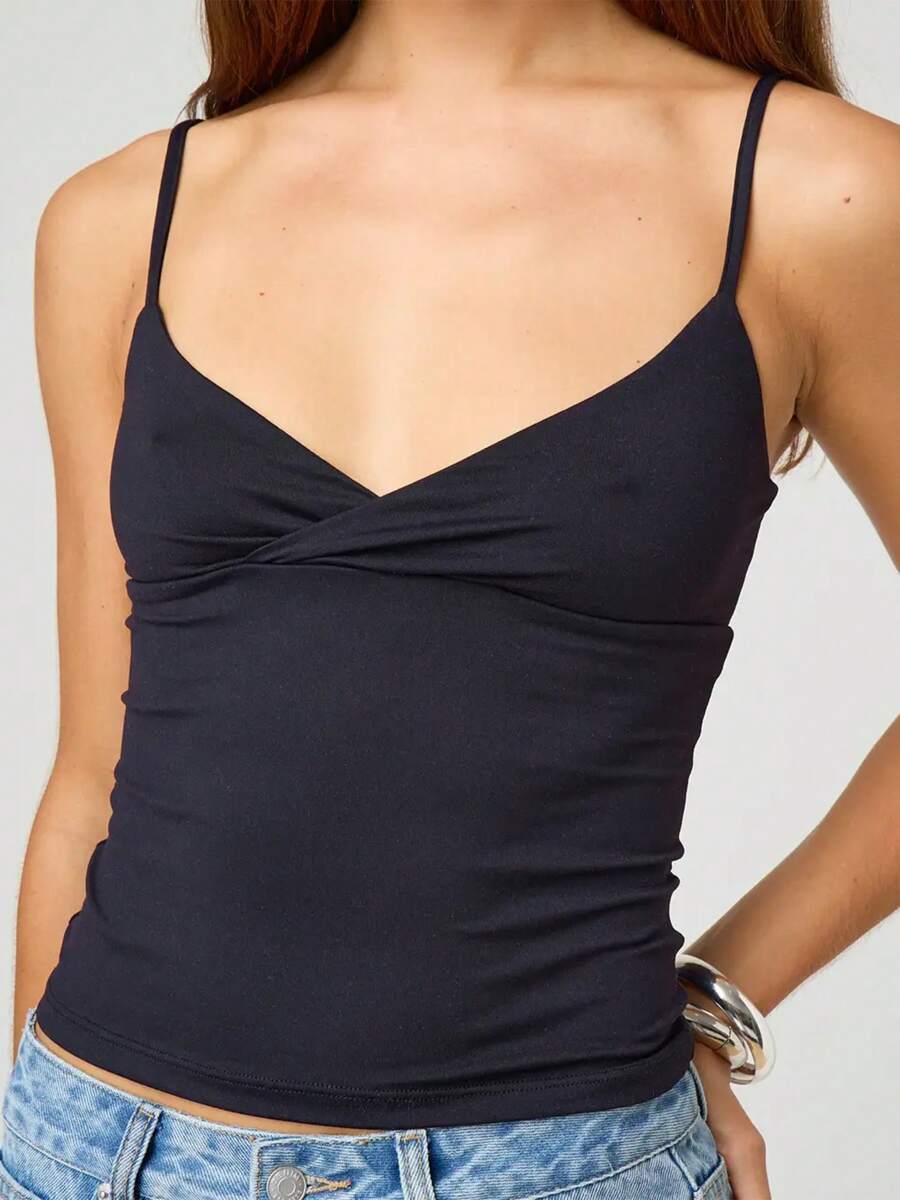 Women Y2k Spaghetti Strap Camisole Crop Tank Top Cami Tops Floral Print Sleeveless V Neck Solid Color Slim Fit Backless Vest Going Out Tops Clubwear Streetwear Summer Outfit Aesthetic Clothes - 黑色 - 查看 1