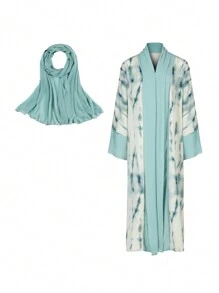 Printed Abaya With Pasta And Cuff Patchwork Design, Modest Robe - Green - View 5