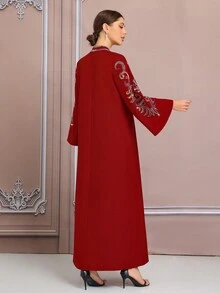 Retro Style Red 3D Embroidered Robe, Elegant Special Occasion Caftan, Dubai Cord Embroidered Plus Size Kaftan Abaya, In-Stock BC4624 (Customized) - Red - View 3