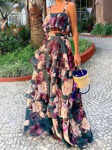 2 件女式夏季海滩度假风格印花荷叶边吊带背心和超长连衣裙波西米亚风休闲套装、沙滩裙 - 藍色 - 查看 2