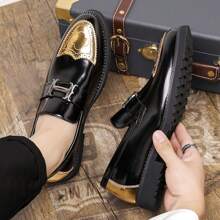 Mocasines para hombres con suela gruesa y estampado de caimán, zapatos de vestir negros desgastados para uso formal y casual, zapatos transpirables para uso diario - Dorado - Ver 4