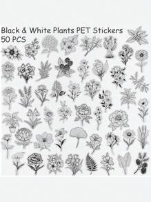 50 Stücke schwarze einfache Pflanzensticker, wasserfeste PET transparente Aufkleber für Laptop, Wasserflasche, Tagebuch, Handy, DIY Dekoration