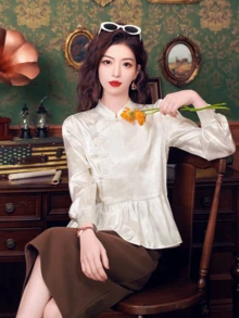 Long Sleeve Elegant Gentle Generous New Chinese Style Hanfu Top With Button Design, Suitable For Petite - White - View 2