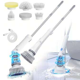 Electric Cleaning Brush, Electric Rotary Floor Scrubber, Wireless Electric Rotary Scrubber, Replaceable 6 Brush Heads And Adjustable Extension Handle, 360 Bathroom, Ceramic Tile Cordless Cleaning Brush USB-C Charging Cable Rotary Cleaning Brush