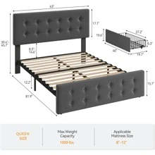 Queen Size Bed Frame With Headboard,Linen Upholstered Platform Bed Frame With 4 Storage Drawers,Button Tufted Style,No Box Spring Needed - Màu xám đen - Xem 2
