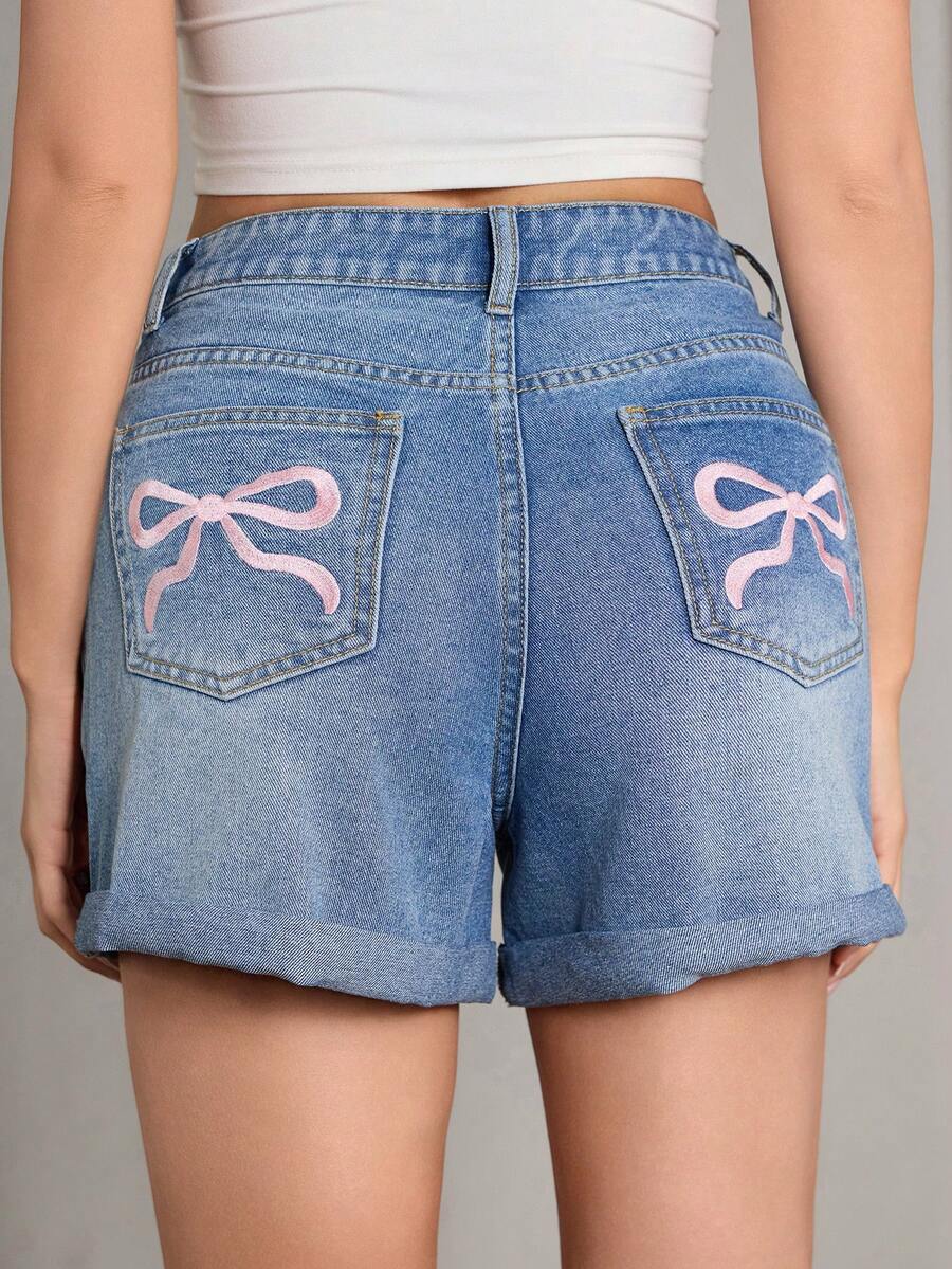 女士刺绣蝴蝶结卷边牛仔短裤休闲可爱节日波西米亚风格女短款夏季 - 淺色水洗藍 - 查看 1