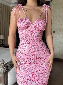 Women's Spaghetti Strap Dresses Drawstring Design Floral Print Slim Fit Long Bodycon Dresses Perfect For Summer Spring - Pink - View 2
