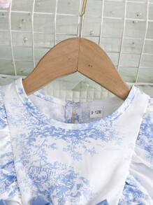 夏季女童休闲可爱线条花卉荷叶边袖腰部双蝴蝶结装饰连衣裙