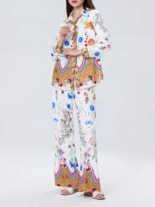 Women 2 Piece Casual Set, Printed Long Sleeve Button Down Shirt Elastic Waist Wide Legs Pants With Pockets - Khaki - View 3