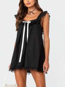 Women Summer Casual Mini Dress Lace Trim Fly Sleeve Bowknot Embellished Short Dress - màu đen - Xem 4