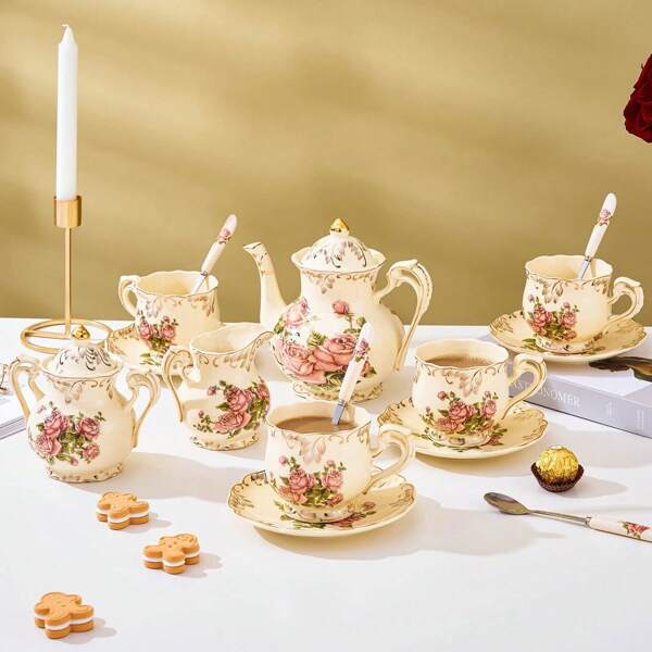 Ivory Pink Rose Coffee Mug Vintage Flower Ceramic Tea Set, Ideal For Kitchen, Tea Party Gifts, Gift Collection Ideas Back To School