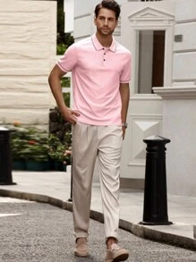 Men Plus Size Striped Short Sleeve Casual Office Polo Shirt - Pink - View 3