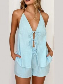 Women's Summer 2 Piece Outfit Halter Tie Up Backless Cami Tops High Elastic Waist Shorts Y2K Going Out Set Caual Vacation Outfit