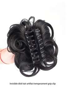 1 pièce Pince à cheveux synthétique frisée avec gros bouton, soyeuse et naturelle. Chignon invisible réaliste, convient pour les cheveux fins, chauves, port quotidien. Couleur unie, style bohème décontracté. Pince à cheveux en fibre pour toutes les saisons