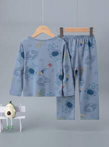 2pcs Kids Boys Cute Astronaut Print Thin Pajama Set, Long Sleeve Tee & Pants, Spring/Summer - Multicolor - View 2