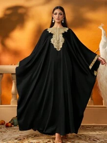 AmazingHoney Elegant Cream Kaftan Dress With Gold Embroidery Details, Batwing Sleeves, Party Abaya,Kaftan Dress ,Abaya Dress (Oversized Fit– Please Check Size Chart) - Black - View 6