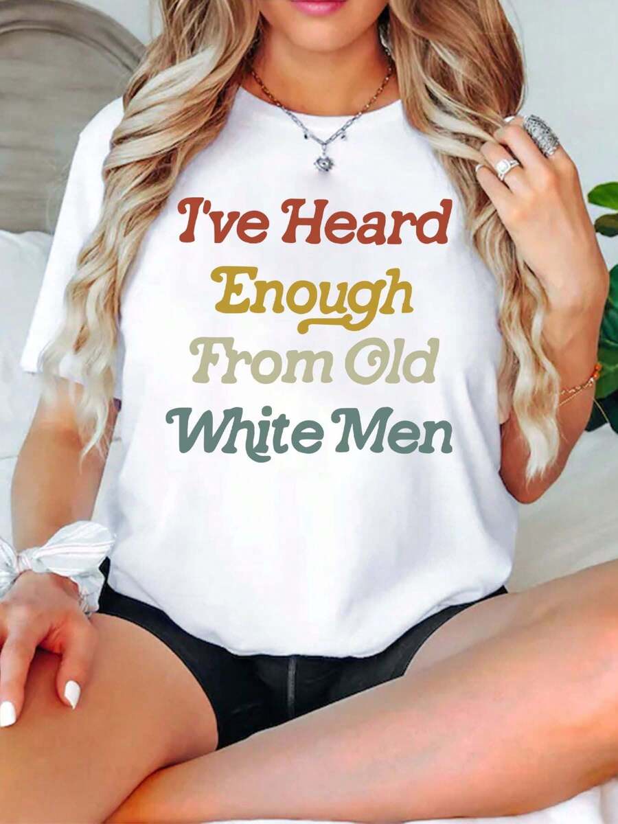 Text Print Women's T-Shirt, Women's Casual Fashion, Comfortable, Soft, Sports Fitness, Daily Outdoor, Pure Cotton, Breathable Crewneck Short-Sleeved Top, T-Shirt - White - View 1