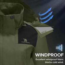 CAMEL CROWN 女士雨衣防水连帽风衣防风轻便外套雨衣适合户外徒步旅行 - 軍綠幻影黑 - 查看 4