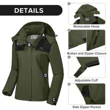 CAMEL CROWN 女士雨衣防水连帽风衣防风轻便外套雨衣适合户外徒步旅行 - 軍綠幻影黑 - 查看 5