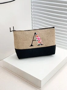 1个橙色花卉黑色字母图案卡其色手提包，化妆包，教师节礼物，女士可重复使用手提袋 - 卡其色 - 查看 4